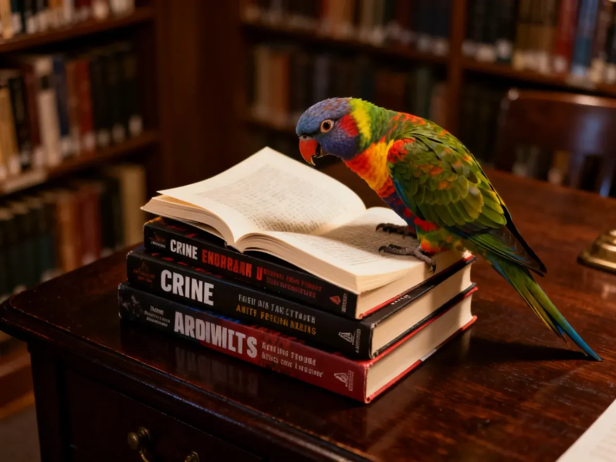 Kolorowa papuga siedząca na stosie kryminałów na tle przytulnej biblioteki, ilustrująca serię książek Jacka Ostrowskiego.