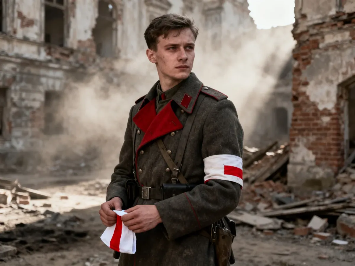Młody powstaniec w historycznym stroju z biało-czerwoną opaską na tle ruin Warszawy, upamiętniający rocznicę wybuchu powstania.
