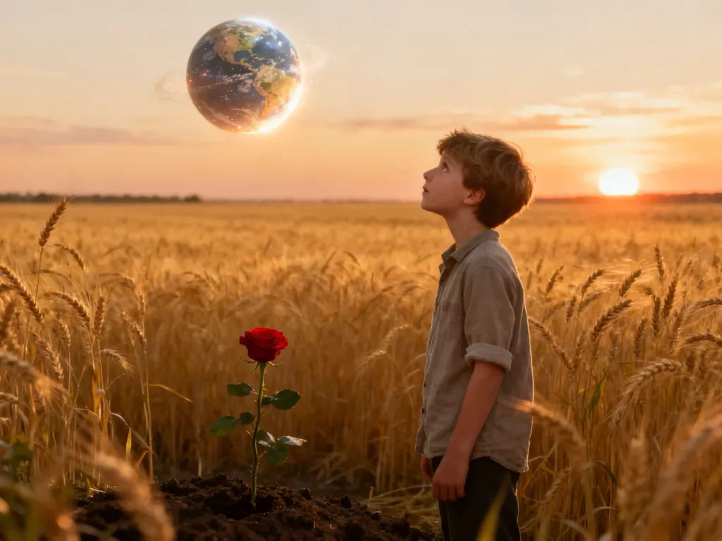 Mały Książę wpatruje się w świecącą planetę na tle złotego pola pszenicy, obok której rośnie samotna czerwona róża.