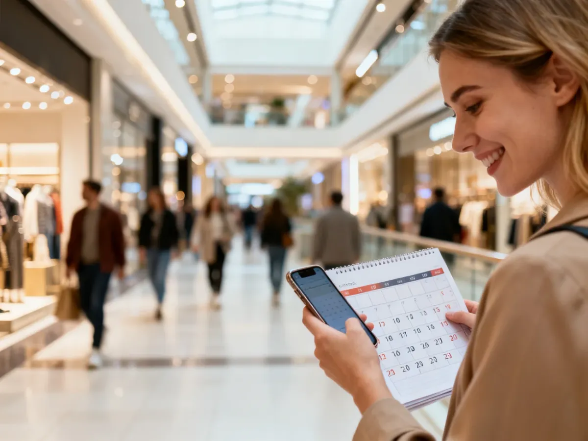 Kobieta z uśmiechem sprawdza kalendarz w smartfonie, stojąc wewnątrz nowoczesnego centrum handlowego.