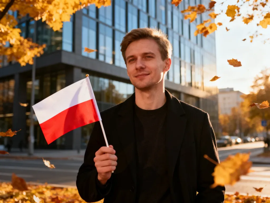 Mężczyzna z polską flagą przed nowoczesnym biurowcem w jesienny dzień, symbolizujący obchody Święta Niepodległości.