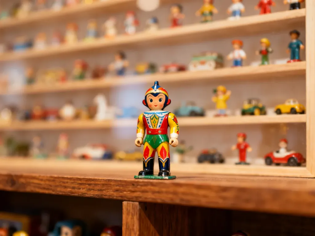 Rzadka, kolekcjonerska figurka z Kinder Niespodzianki wyeksponowana na drewnianej półce pośród innych klasycznych zabawek.