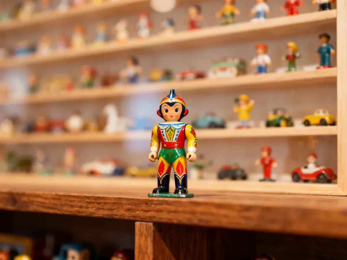 Rzadka, kolekcjonerska figurka z Kinder Niespodzianki wyeksponowana na drewnianej półce pośród innych klasycznych zabawek.
