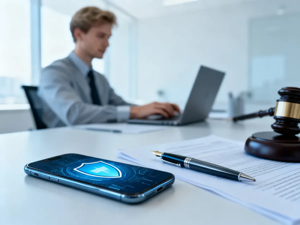 Smartfon z ikoną tarczy ochronnej obok dokumentów prawnych, symbolizujący bezpieczeństwo danych osobowych.