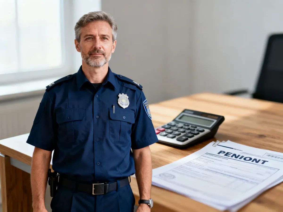 Policjant w mundurze w biurze z dokumentami emerytalnymi na biurku, ilustrujący temat wyliczania świadczeń.