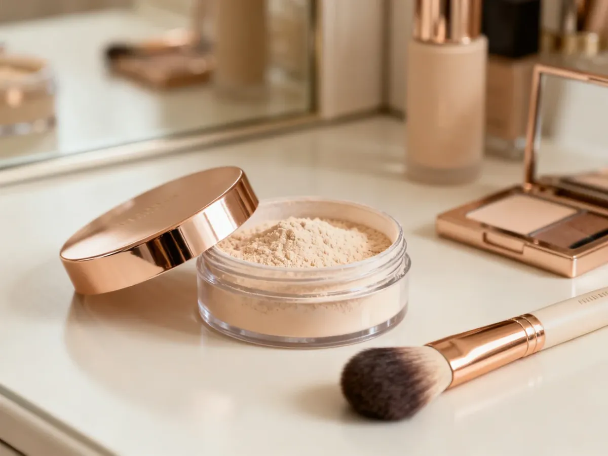 Otwarty puder sypki Huda Beauty z pędzlem do makijażu na jasnej toaletce