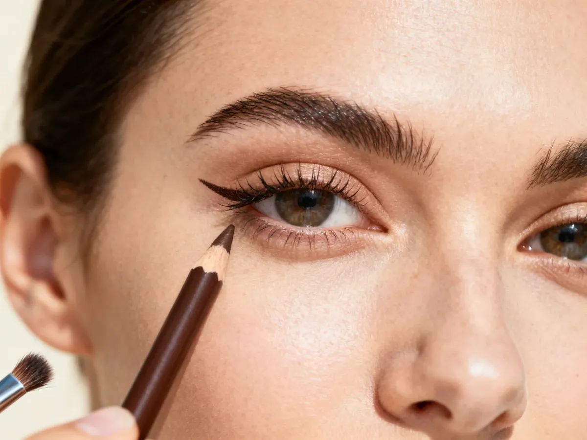 A close-up of applying eyeliner pencil along the upper lash line