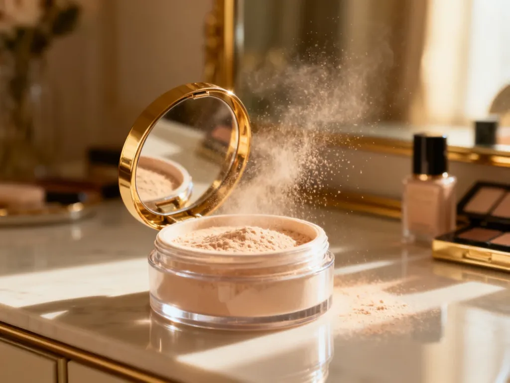 Otwarty słoiczek luksusowego pudru sypkiego Huda Beauty z unoszącymi się w powietrzu drobinkami kosmetyku.