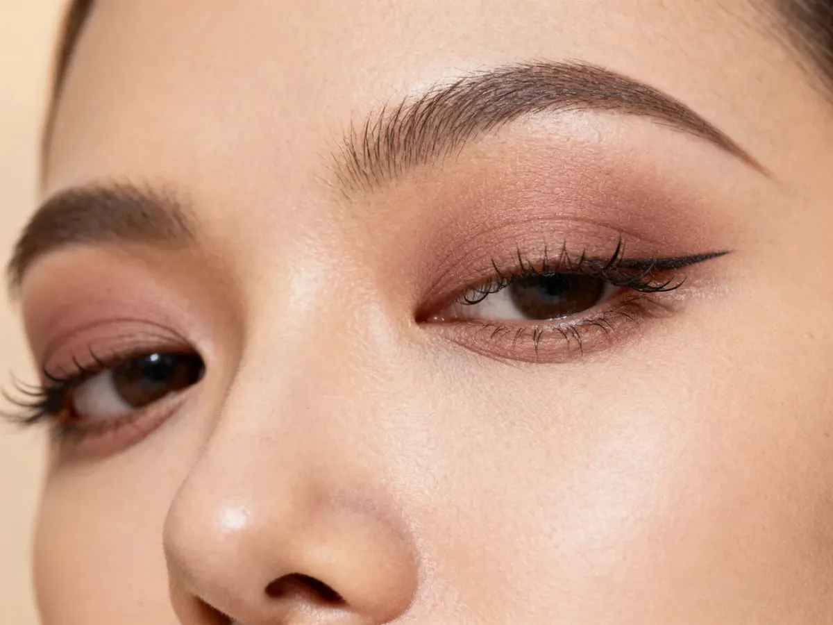 Finished lifted eye makeup look for hooded eyelids