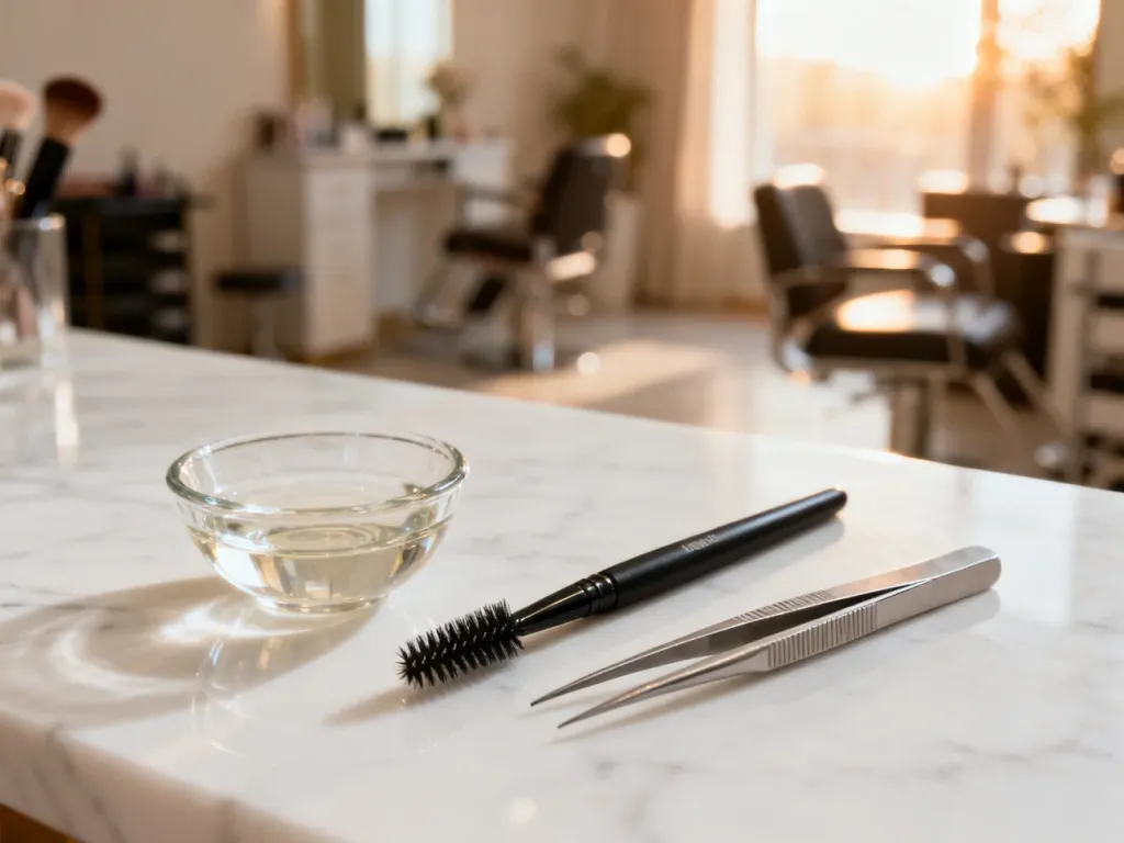 Profesjonalne narzędzia do stylizacji brwi, w tym pędzelek, pęseta i serum, ułożone na marmurowym blacie w salonie kosmetycznym.