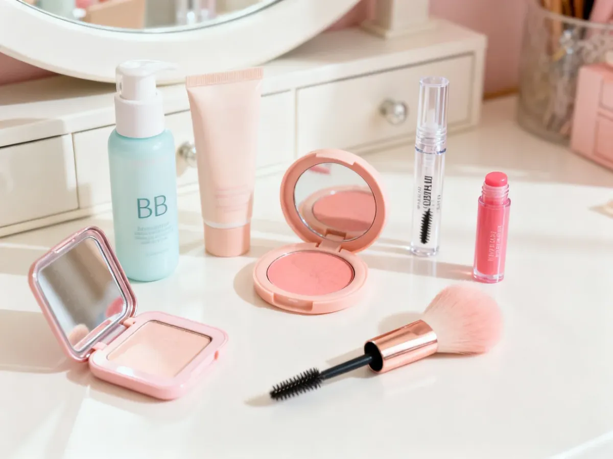 Delikatne kosmetyki do naturalnego makijażu ułożone przy lusterku