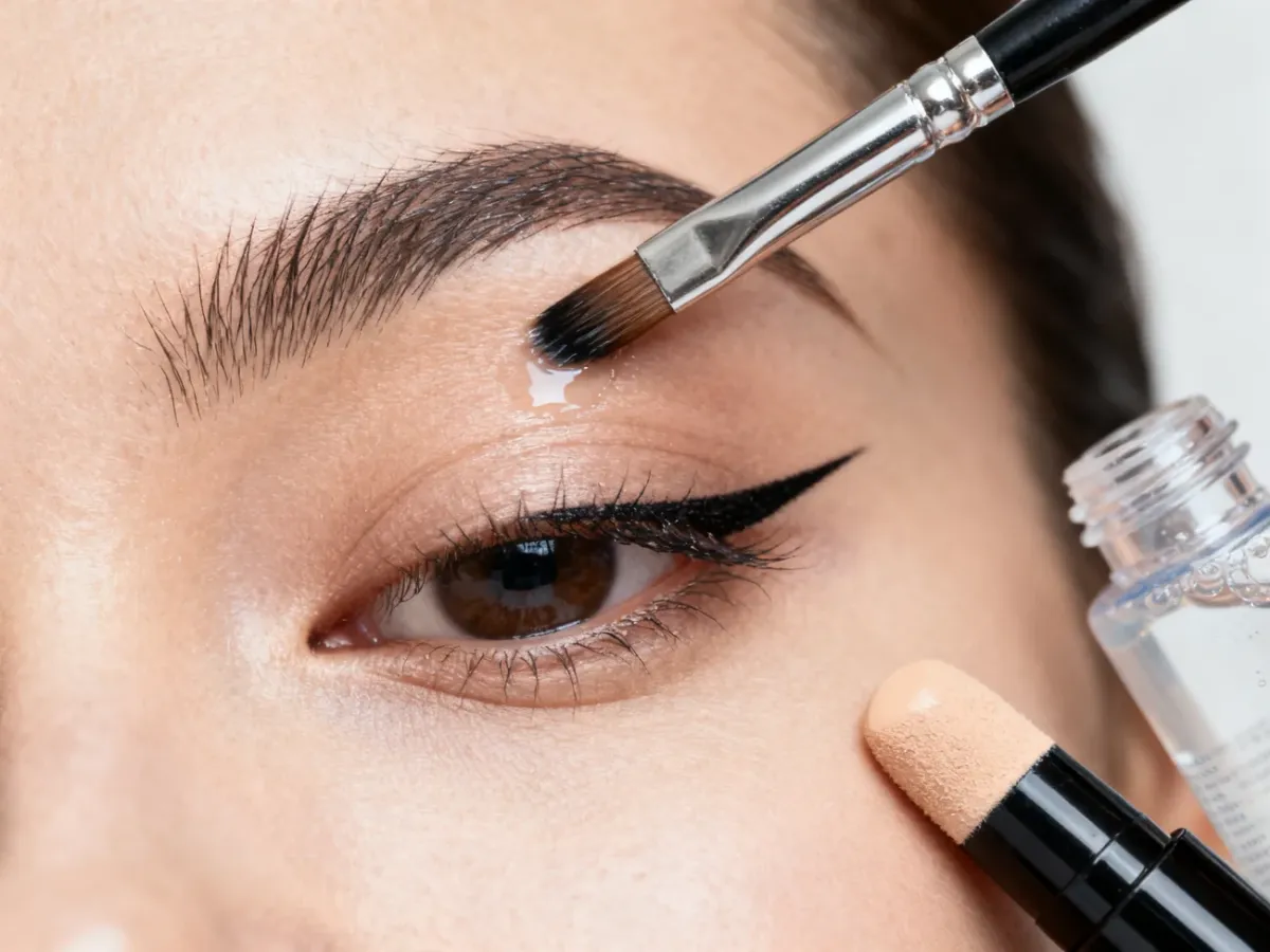 Angled brush correcting the edge of a cat-eye eyeliner wing