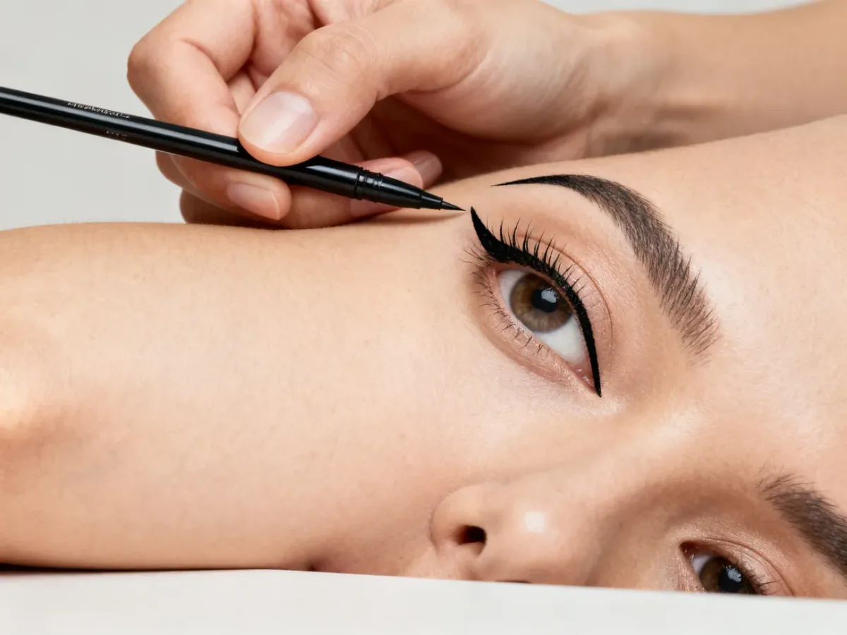 A hand applying a cat-eye eyeliner wing to an open eye