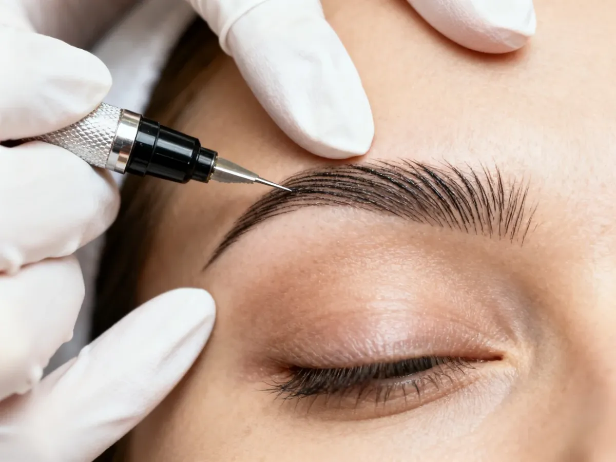 Linergistka wykonująca precyzyjny microblading brwi ręcznym piórkiem