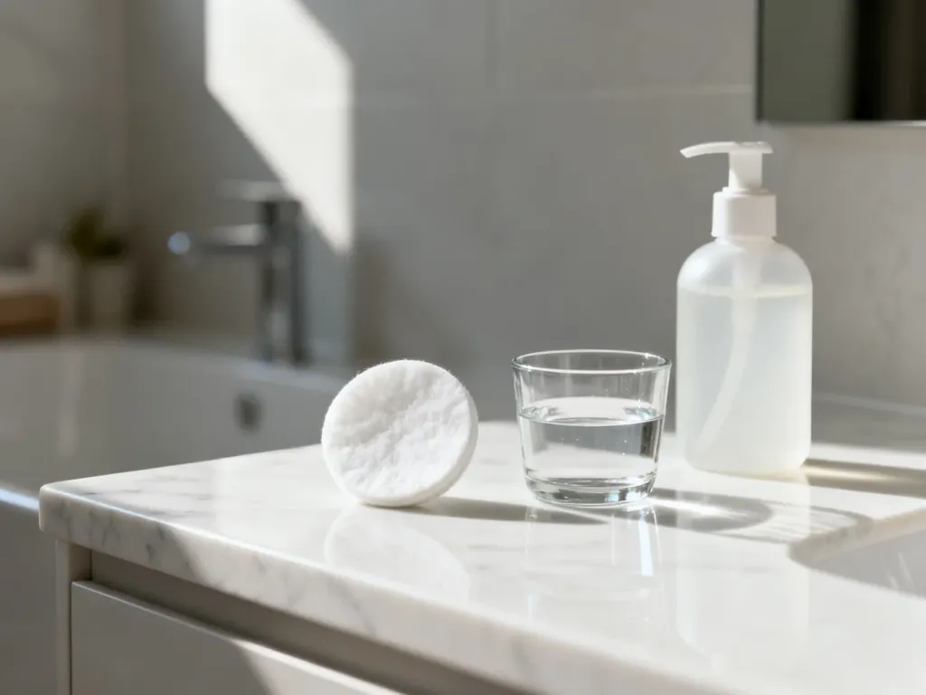 Produkty do delikatnego oczyszczania twarzy ustawione na marmurowym blacie w łazience w stylu spa.