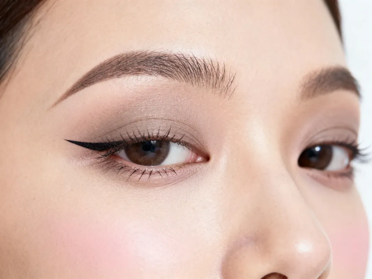 Thin bat wing eyeliner creating a lifted shape on a hooded eye