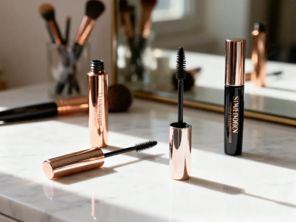 Elegancko ułożone tusze do rzęs Maybelline na marmurowym blacie w otoczeniu pędzli do makijażu.