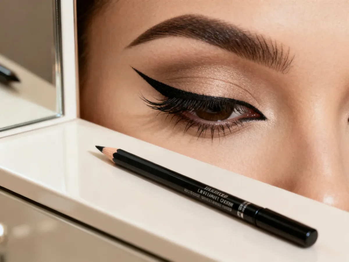 Finished cat-eye makeup with eyeliner tools on a vanity