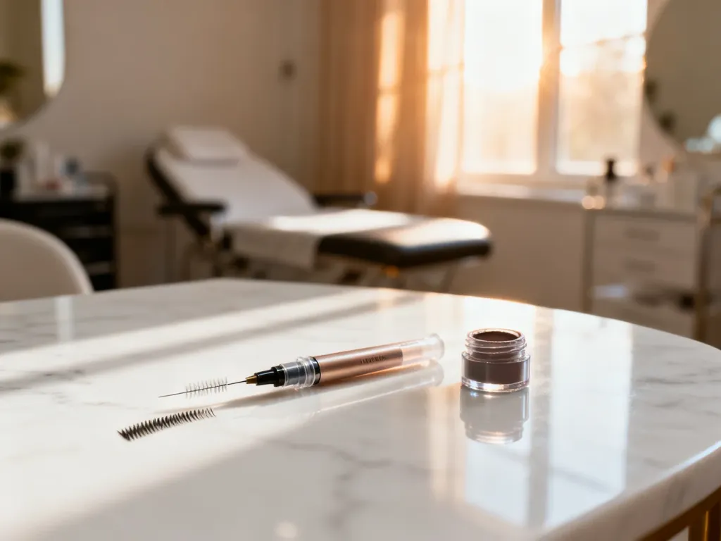 Profesjonalne narzędzia do microbladingu, w tym pióro z igłą i pigment, przygotowane na marmurowym blacie w salonie kosmetycznym.