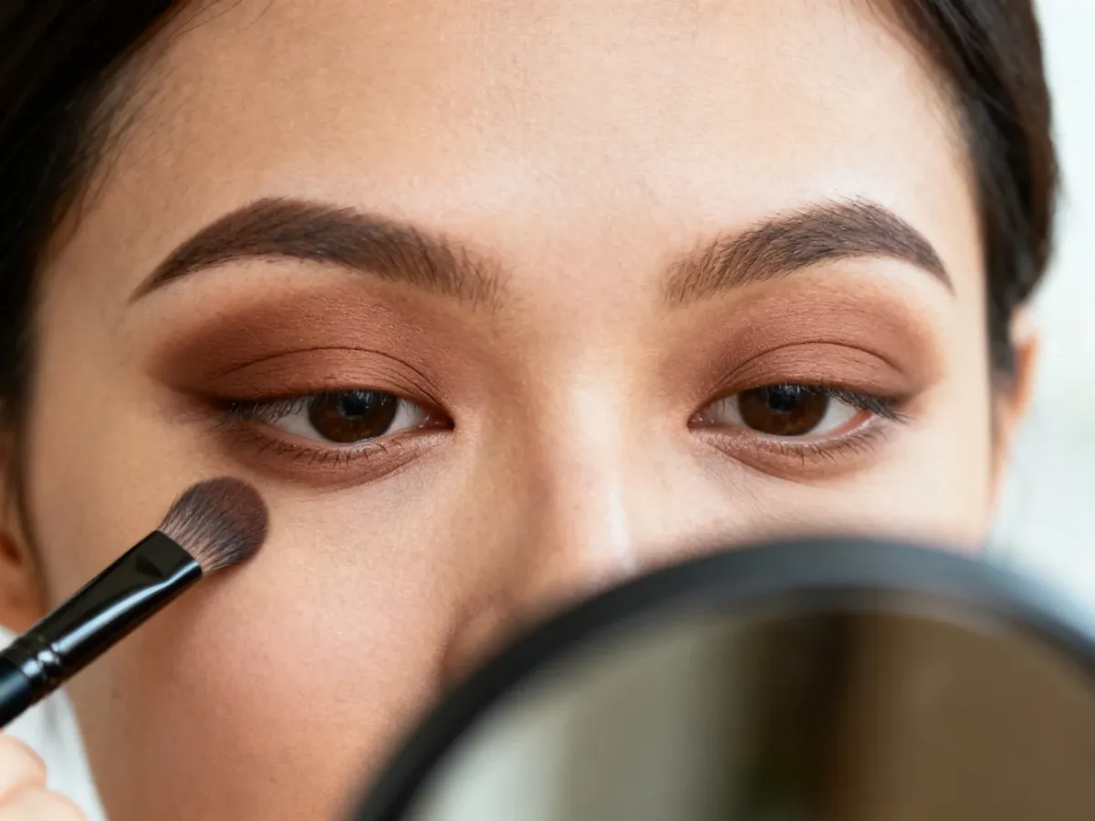 A person applying eyeshadow above the crease on an open hooded eyelid