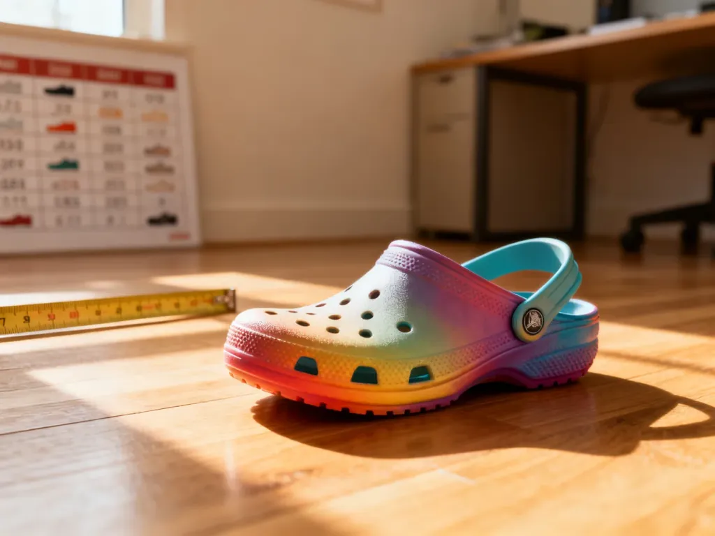 Kolorowy chodak Crocs na drewnianym podłożu obok miarki, ilustrujący proces mierzenia stopy i doboru rozmiaru obuwia.