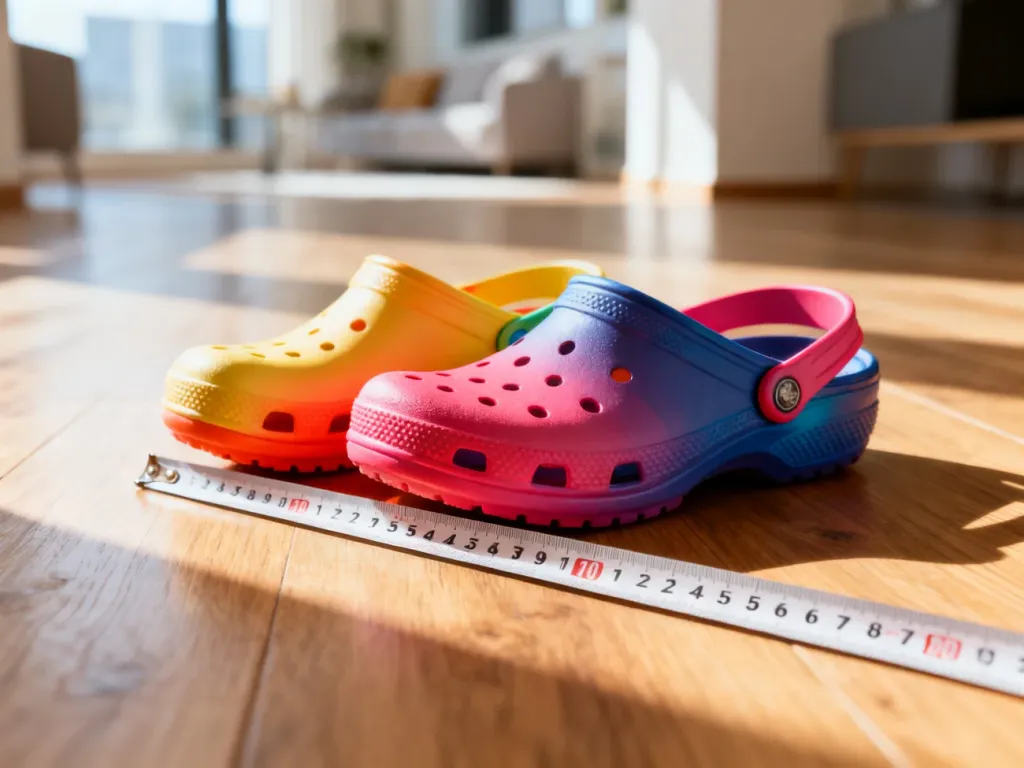 Kolorowe chodaki Crocs na drewnianej podłodze z miarką krawiecką, obrazującą sposób pomiaru rozmiaru obuwia.