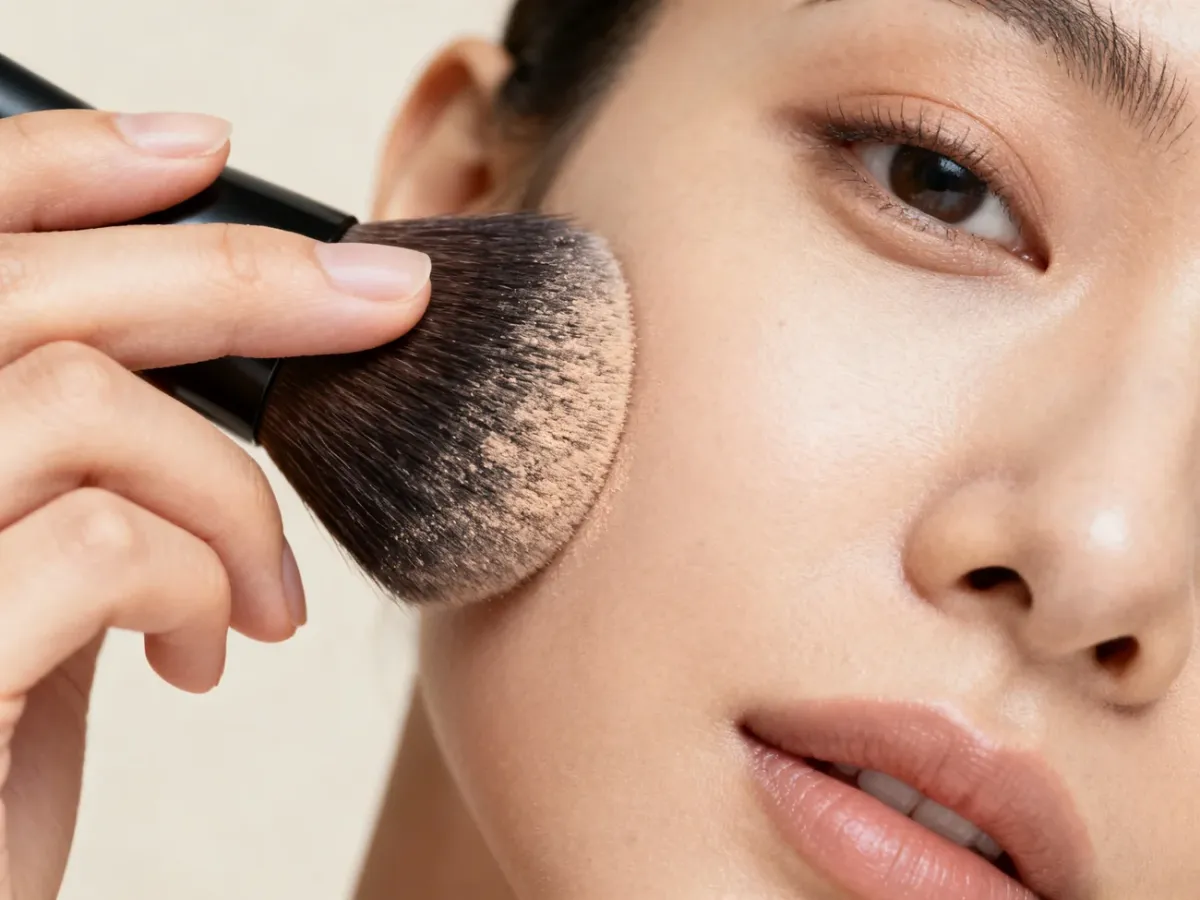 Applying mineral makeup with a kabuki brush using a gentle stamping technique