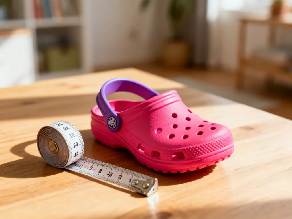 Dziecięcy but Crocs obok miarki krawieckiej, obrazujący sposób pomiaru długości wkładki w centymetrach.