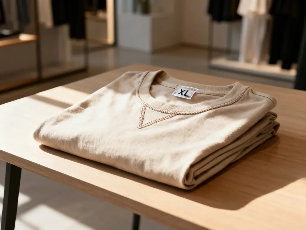 Złożony bawełniany T-shirt z widoczną metką w rozmiarze XL na drewnianym stole. Profesjonalne zdjęcie odzieży.