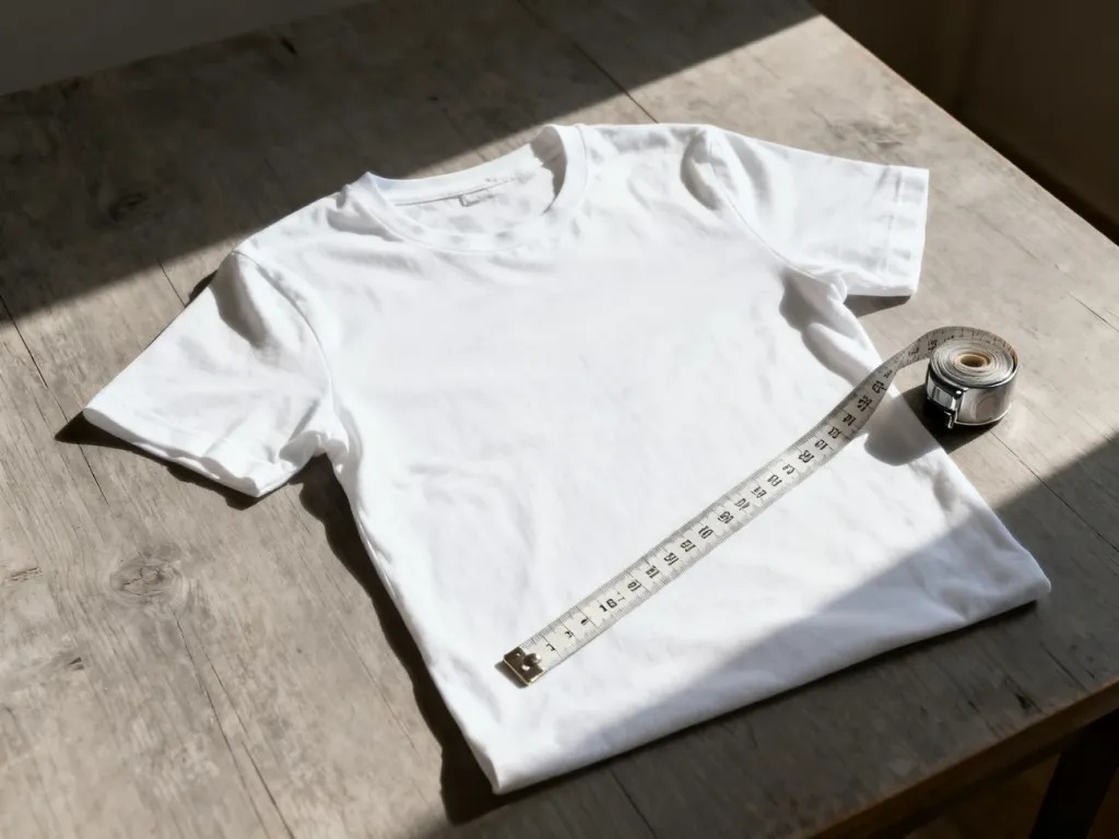 Biały t-shirt leżący na drewnianym stole obok miarki krawieckiej, ilustrujący sposób dokonywania pomiarów odzieży.