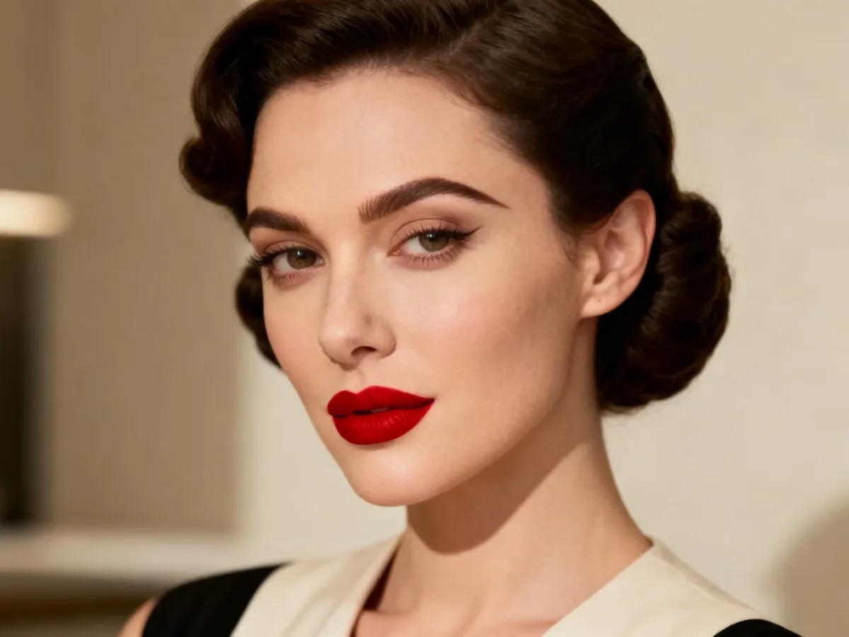 Współczesna stylizacja z eleganckim makijażem inspirowanym latami 40.