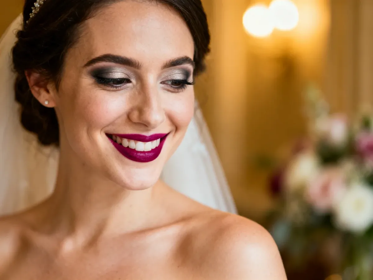 Panna młoda z delikatnym smoky eye i mocnym akcentem na ustach