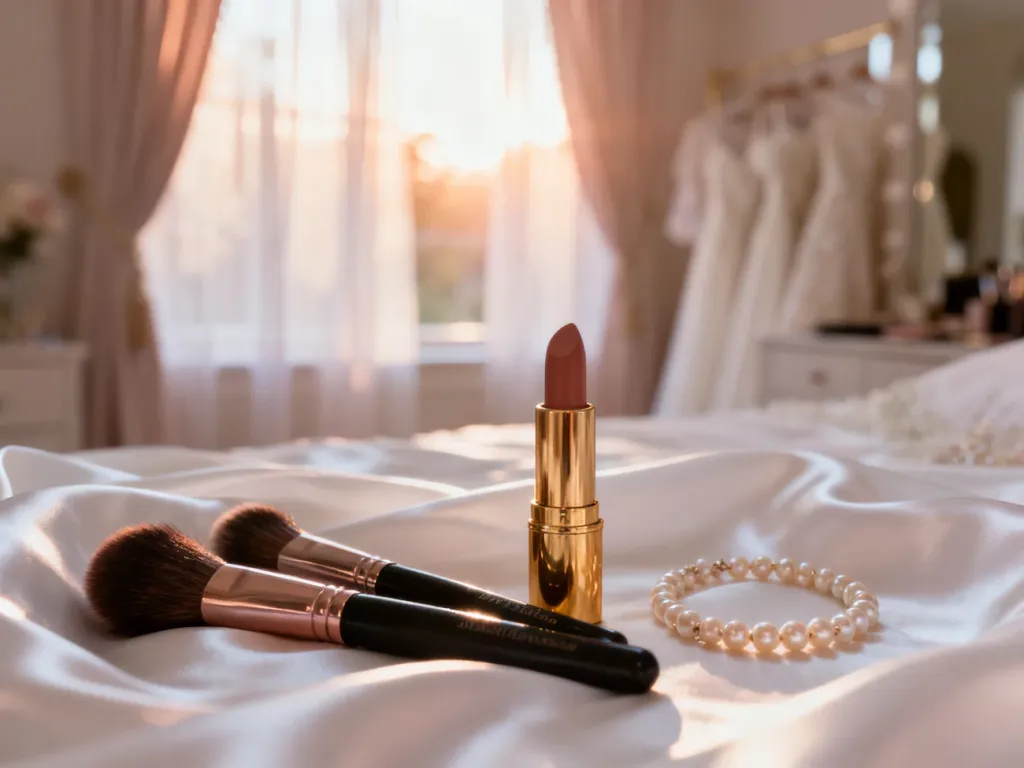 Eleganckie akcesoria do makijażu ślubnego, pędzle i perły na białym jedwabiu w jasnym, słonecznym wnętrzu.