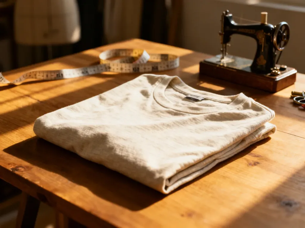 Starannie złożony bawełniany T-shirt na drewnianym stole w pracowni krawieckiej, sugerujący precyzję wymiarów odzieży.
