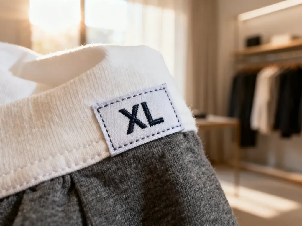 Metka z rozmiarem XL przyszyta do wysokiej jakości bawełnianej tkaniny w jasnym, minimalistycznym wnętrzu sklepu.