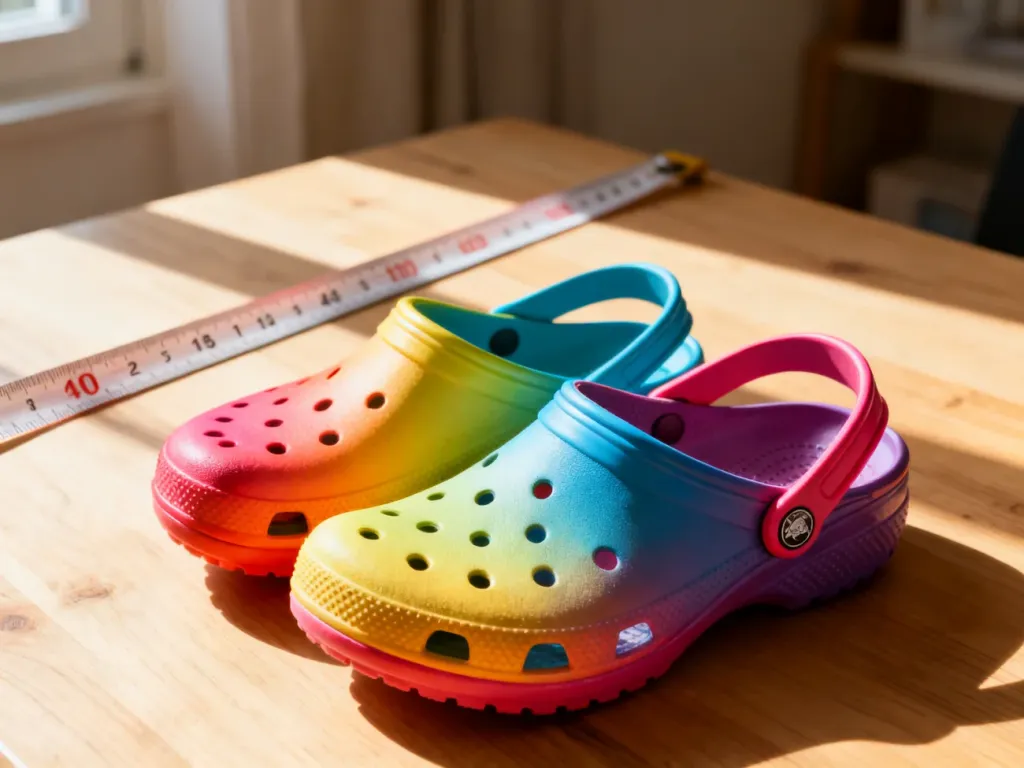 Kolorowe chodaki Crocs na drewnianym podłożu z miarką w tle, obrazującą sposób pomiaru długości wkładki.