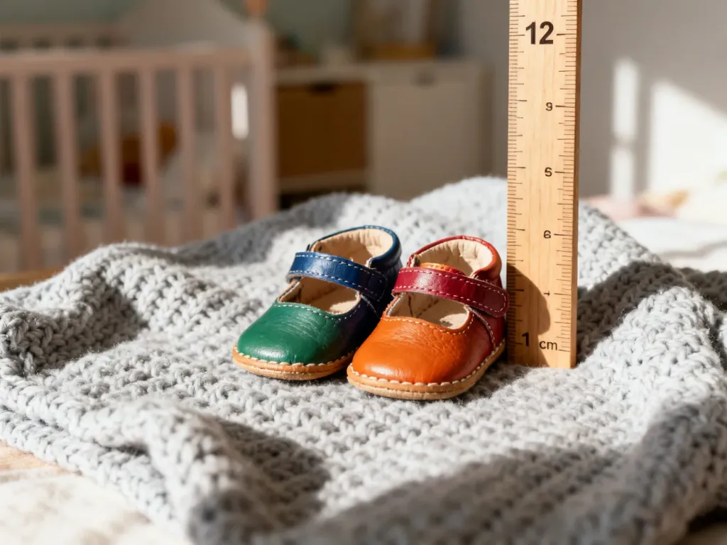 Kolorowe buciki dziecięce obok linijki wskazującej 12 cm na miękkim kocu, ilustrując dobór rozmiaru obuwia dla dziecka.