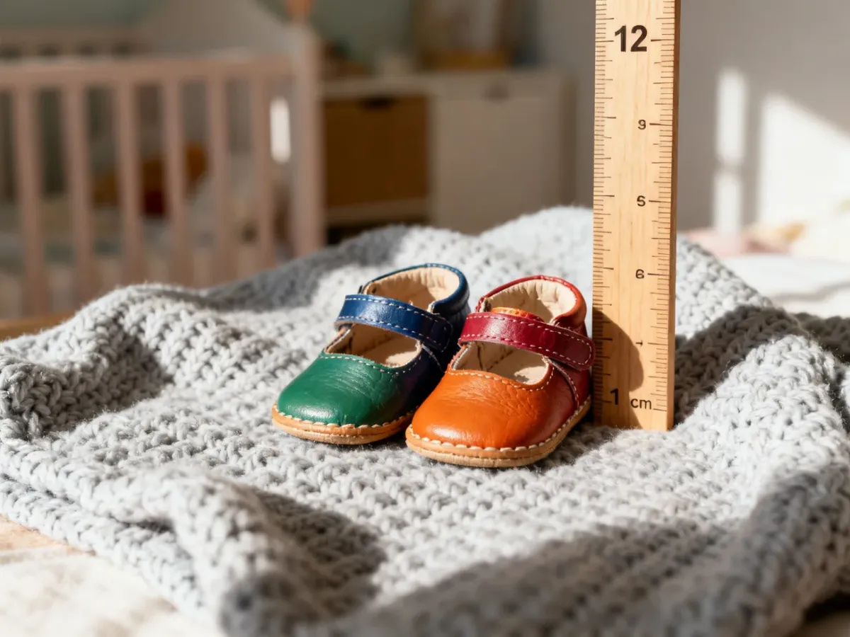Kolorowe buciki dziecięce obok linijki wskazującej 12 cm na miękkim kocu, ilustrując dobór rozmiaru obuwia dla dziecka.