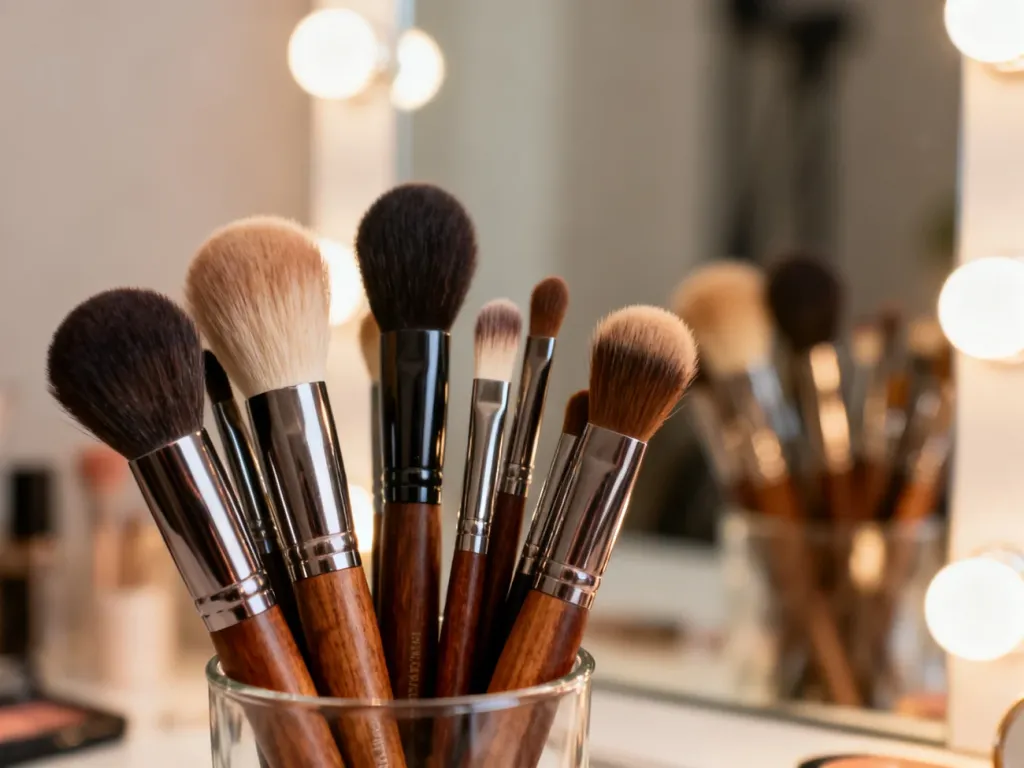 Elegancko ułożone profesjonalne pędzle do makijażu w szklanym pojemniku na tle oświetlonego lustra w studiu wizażu.