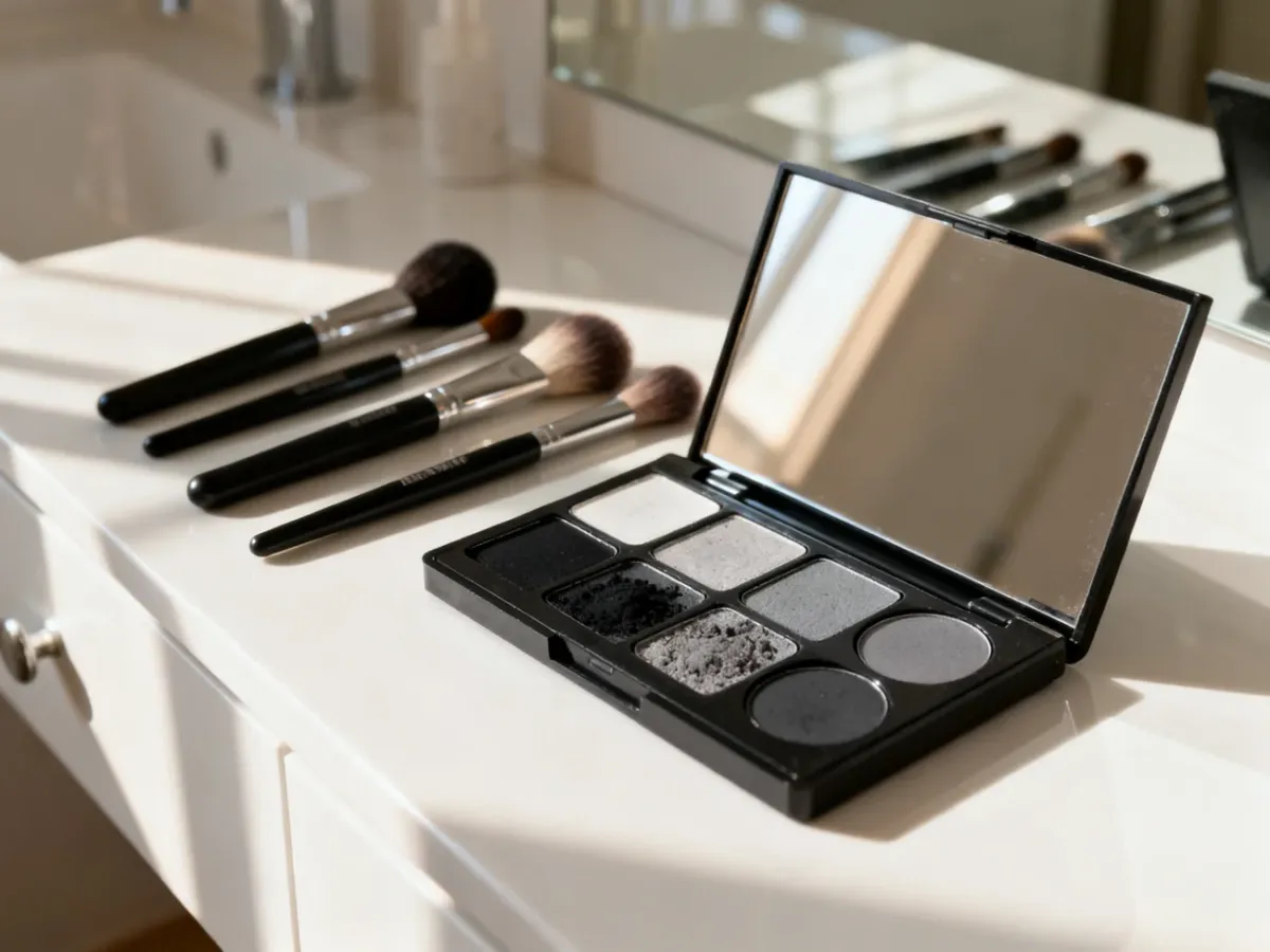 Profesjonalne pędzle i paleta cieni w odcieniach czerni i szarości przygotowane do wykonania makijażu typu smokey eye.