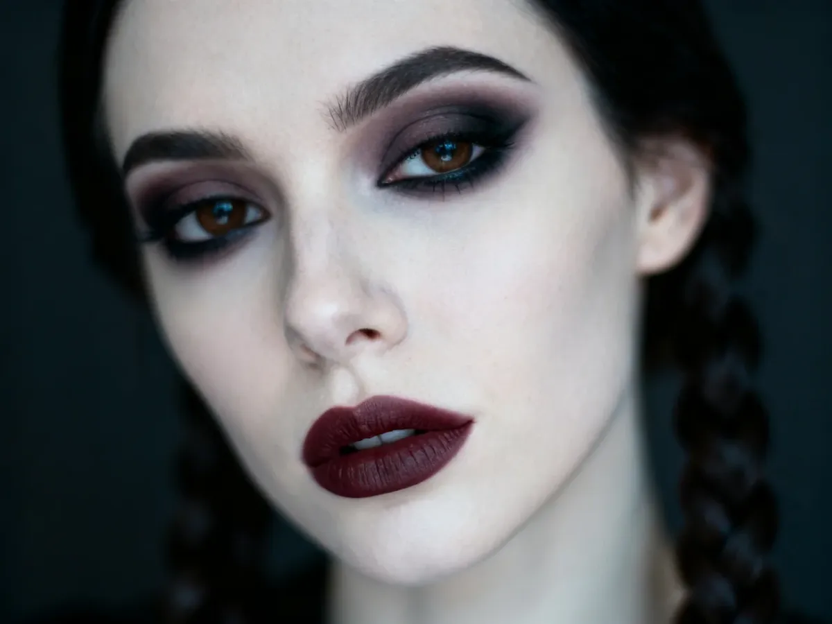 Makijaż Soft Goth z matową cerą, przydymionymi oczami i burgundowymi ustami