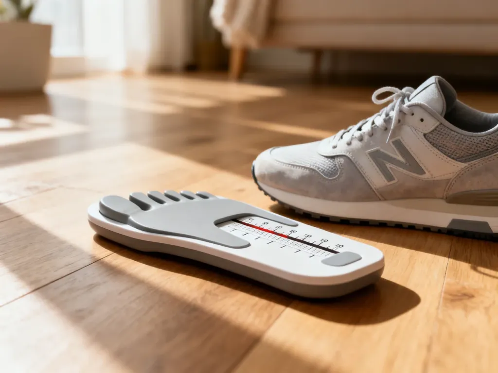 Profesjonalne urządzenie do pomiaru stopy obok stylowego sneakersa na drewnianej podłodze, ilustrujące dobór rozmiaru buta.