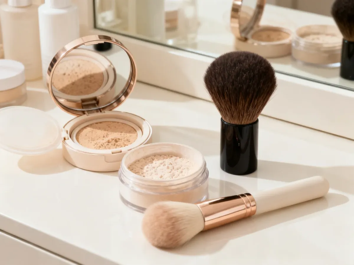 Mineral foundation and powder with makeup brushes on a bright vanity