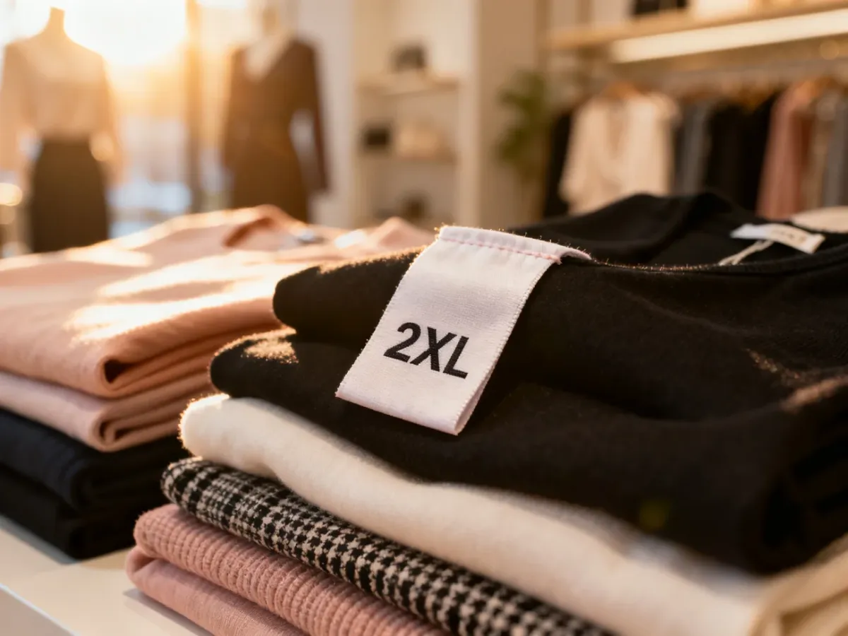 Metka z rozmiarem 2XL umieszczona na starannie złożonej odzieży damskiej w butiku.