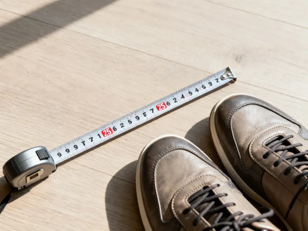 Miarka wskazująca 25 cm obok skórzanych sneakersów, ilustrująca sposób pomiaru długości wkładki buta.