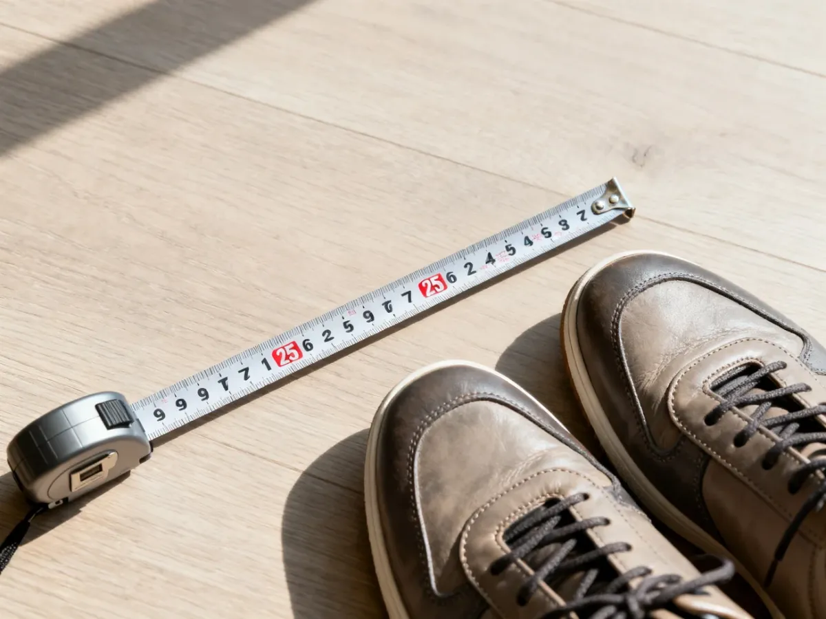 Miarka wskazująca 25 cm obok skórzanych sneakersów, ilustrująca sposób pomiaru długości wkładki buta.