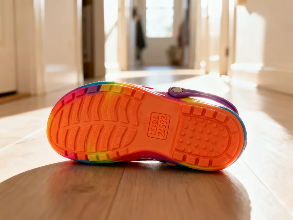 Kolorowe chodaki Crocs na drewnianej podłodze z widocznym oznaczeniem rozmiaru na podeszwie.